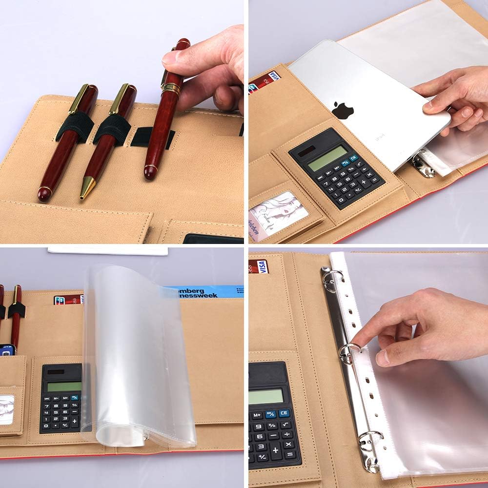 A4 Leather Padfolio with 3 Ring Portfolio Binder with Clipboard Padfolio for Women Men Professional Office Three Binders Organizer with Calculator Planner Portfolio Executive Closure Notebook Folder