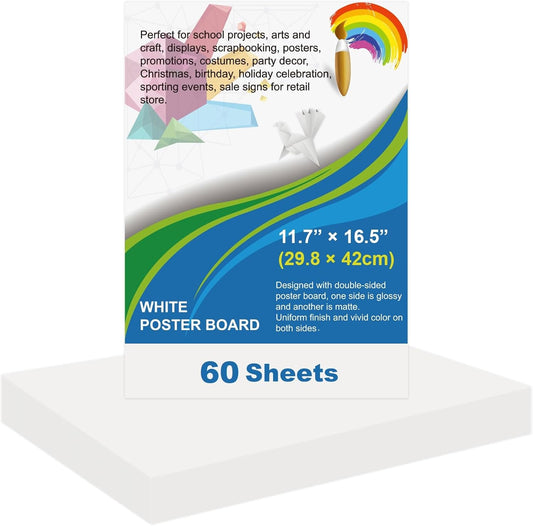 60 Pcs White Poster Board Paper 11.7 x 16.5, ROOKEA White Vision Boards Bulk Smart Posterboard Blank Graphic Display Card Paper for Drawing Artwork School Arts Crafts Classroom Projects Scrapbooking