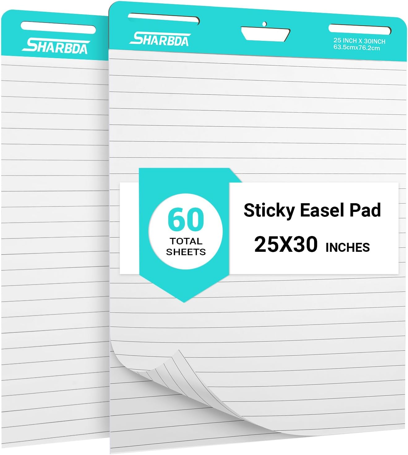 Lined Sticky Easel Pad, 25 in x 30 in,Flip Chart Paper,Sticky Chart Paper for Teachers, Large Self-Stick Easel Paper,Super Sticky & Bleed-Resistant,30 Sheets/Pad,2 Pads