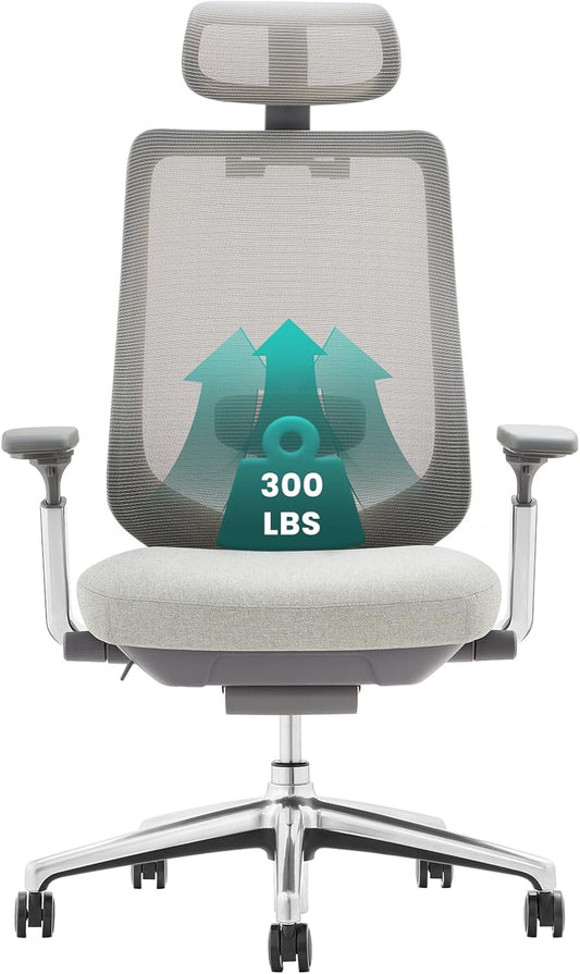 COLAMY Ergonomic Mesh Office Chair, High Back Computer Executive Desk Chair with Adjustable Headrest and 4D Arms, Slide Seat, Tilt Lock-Light Grey
