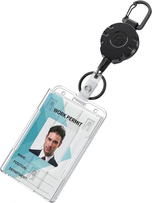 Uniclife 2-Card Thumb-Slot Badge Holder Vertical Clear Plastic Case with Retractable Keychain Badge Reel for up to 8 oz Hard Card Protector for IDs Credit Cards Driver’s Licenses and Passes