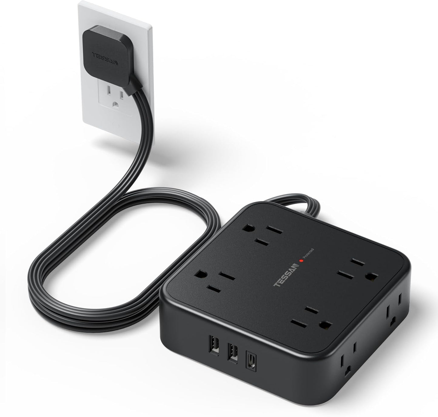 Surge Protector Flat Plug Power Strip, TESSAN Black Extension Cord, 8 AC Outlets, 3 USB Charger(1 USB C Port) 3 Side Outlet Extender, 5 Ft, 900 Joules Protection, Office Supplies, Dorm Essentials