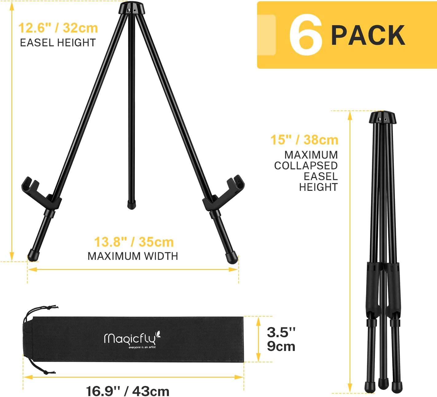 Magicfly 6 Pack Tabletop Easel, Black Steel Table Top Easels for Display, Adjustable & Portable Tripod Easel with 6 Storage Bags, for Signs, Posters, Holds 5 lbs