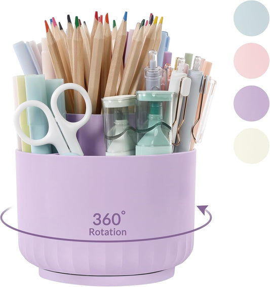 SKYDUE 360 Degree Rotating Desk Organizer, Dual-Purpose Pencil Pen Holder for Desktop, Rotating Desk Pen Organizer with 5 Slots Purple
