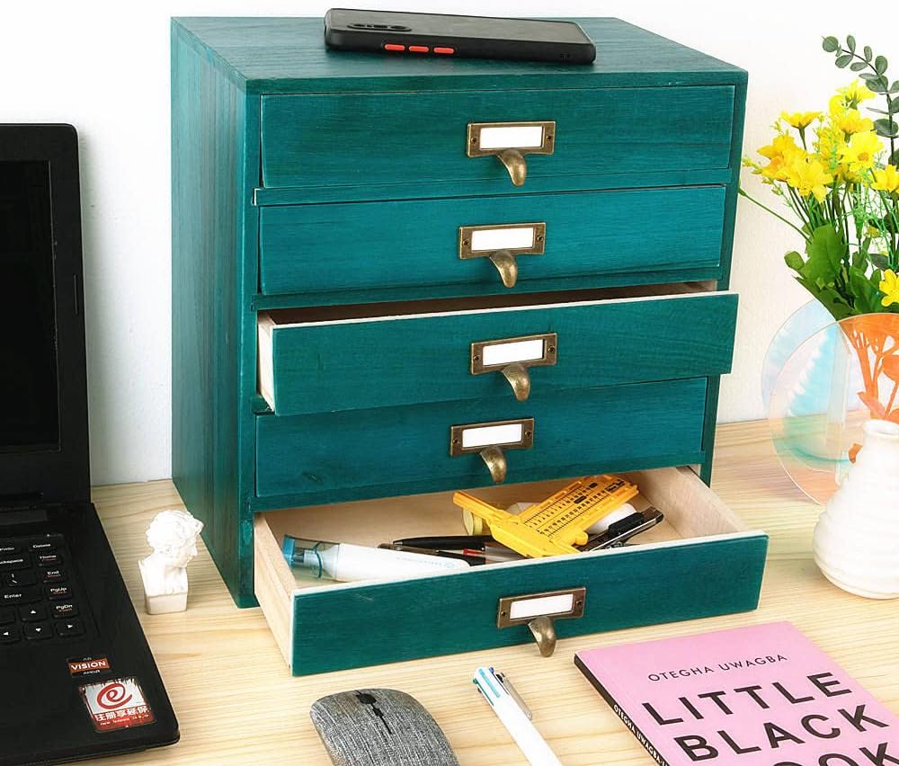 Small Wooden Drawers Rustic Desk Organizers and Accessories Wooden Storage Box with Drawers Desktop Storage Library Card Catalog Cabinet School Supply Storage Apothecary Cabinet(S-BLUE)