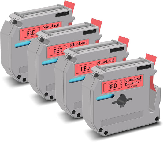 NineLeaf 4 Pack Compatible for Brother P-Touch M Tape M-K431 M-K431S MK431 M431 12mm 0.47'' Black on Red Label Tape for PT-M95 PT-65 PT-80 PT-70 PT-45 PT-90 Label Makers