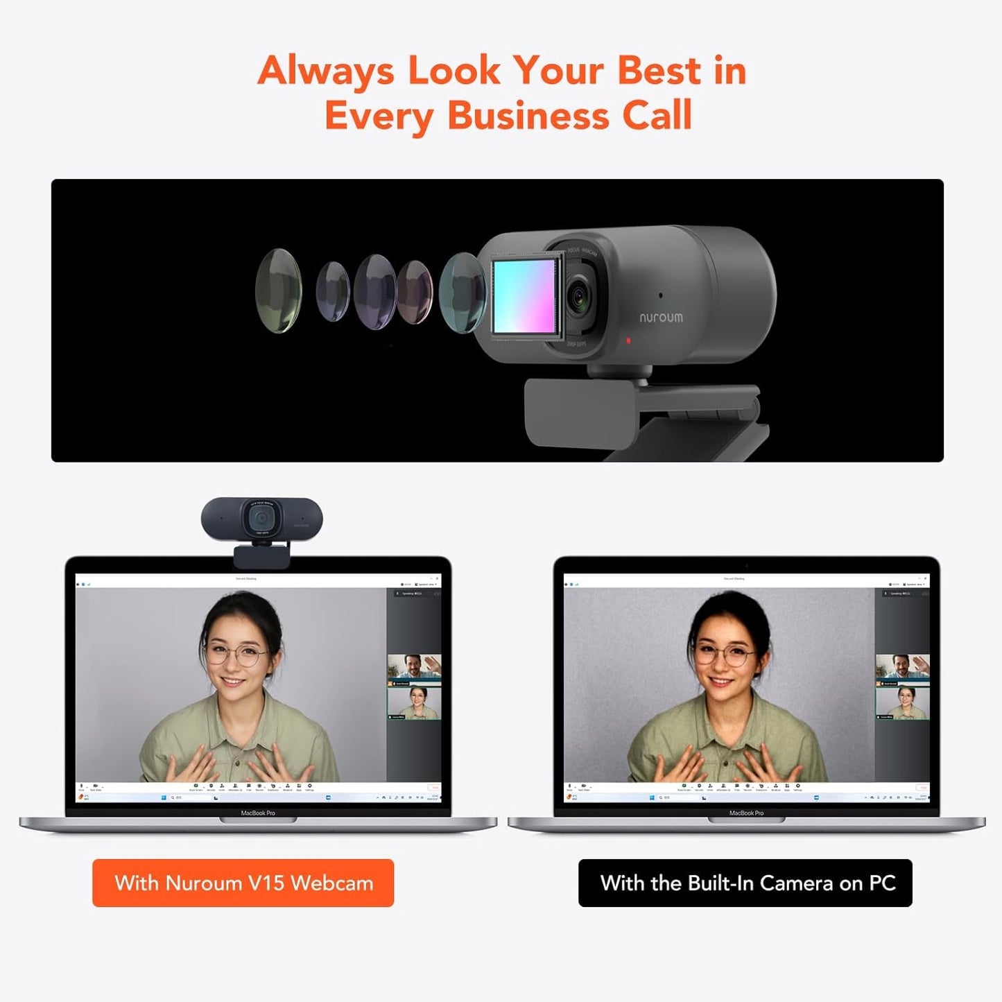 NUROUM V15AF 2K Webcam for PC, 1080P 60fps Autofocus HD Webcam with Dual Noise Cancelling Microphone, 75° FOV&Light Correction, USB Web Camera Plug&Play for Zoom/Teams,Grey