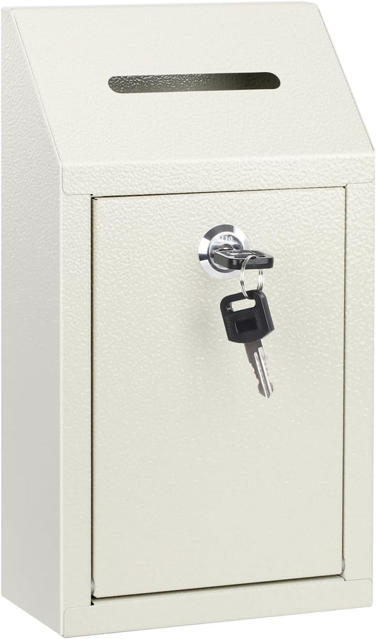 KYODOLED Money Cash Drop Box with Lock, Metal Donation and Suggestion Box with Slot Wall Mounted for Farm or Office, Home, Outdoor, White, 10.24 x 5.7 x 2.95 Inch