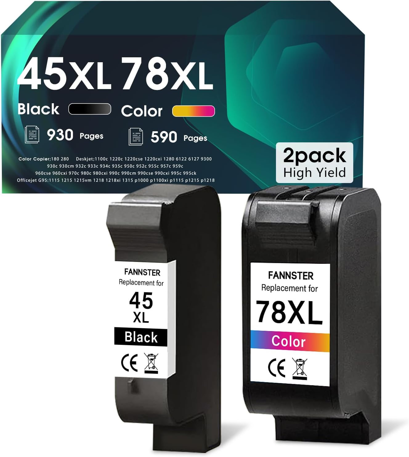 45 78 Ink Cartridge Combo Pack Compatible for HP Deskjet 1220c-ps 930C 952C 970Cxi Color Copier FAX 1220 PhotoSmart 1115 1215(1 Black, 1 Color)