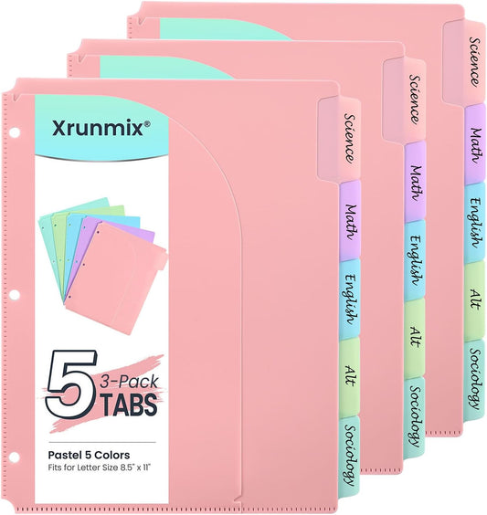5-Tab Dividers for 3 Ring Binder, 15 Counts Binder Dividers Index with Pockets, 8.5 x 11'' Binder Dividers with 1/5 Cut Tabs for School Office (XY026) (3)