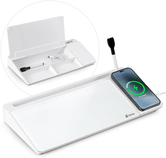 Varhomax Glass Desk Whiteboard with Wireless Charger, Desktop Dry Erase White Board with Storage, to Do List Memo Notepad for Home and Office