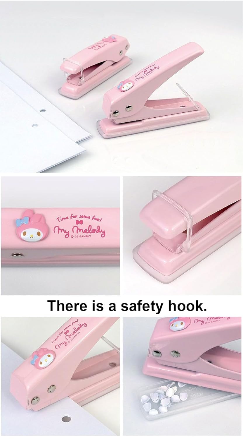 LENITH Animal Character Mymelody One Hole Punch, Hole Puncher, Low Force, 16 Sheet Punch Capacity Pink Rabbit