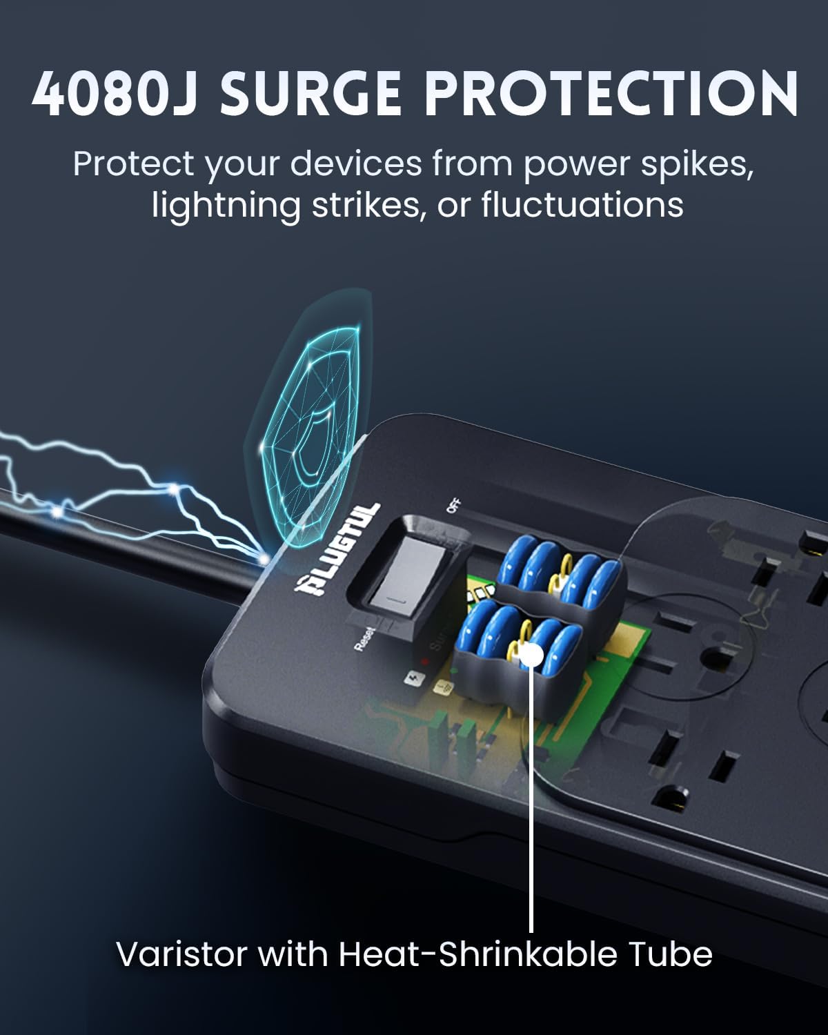 Surge Protector Power Strip 10FT(4080J), PLUGTUL Surge Protector with 12 Outlets - Spacious Design for Large Plugs, Flat Plug, 20W USB C Charging for Home, Office, ETL Listed