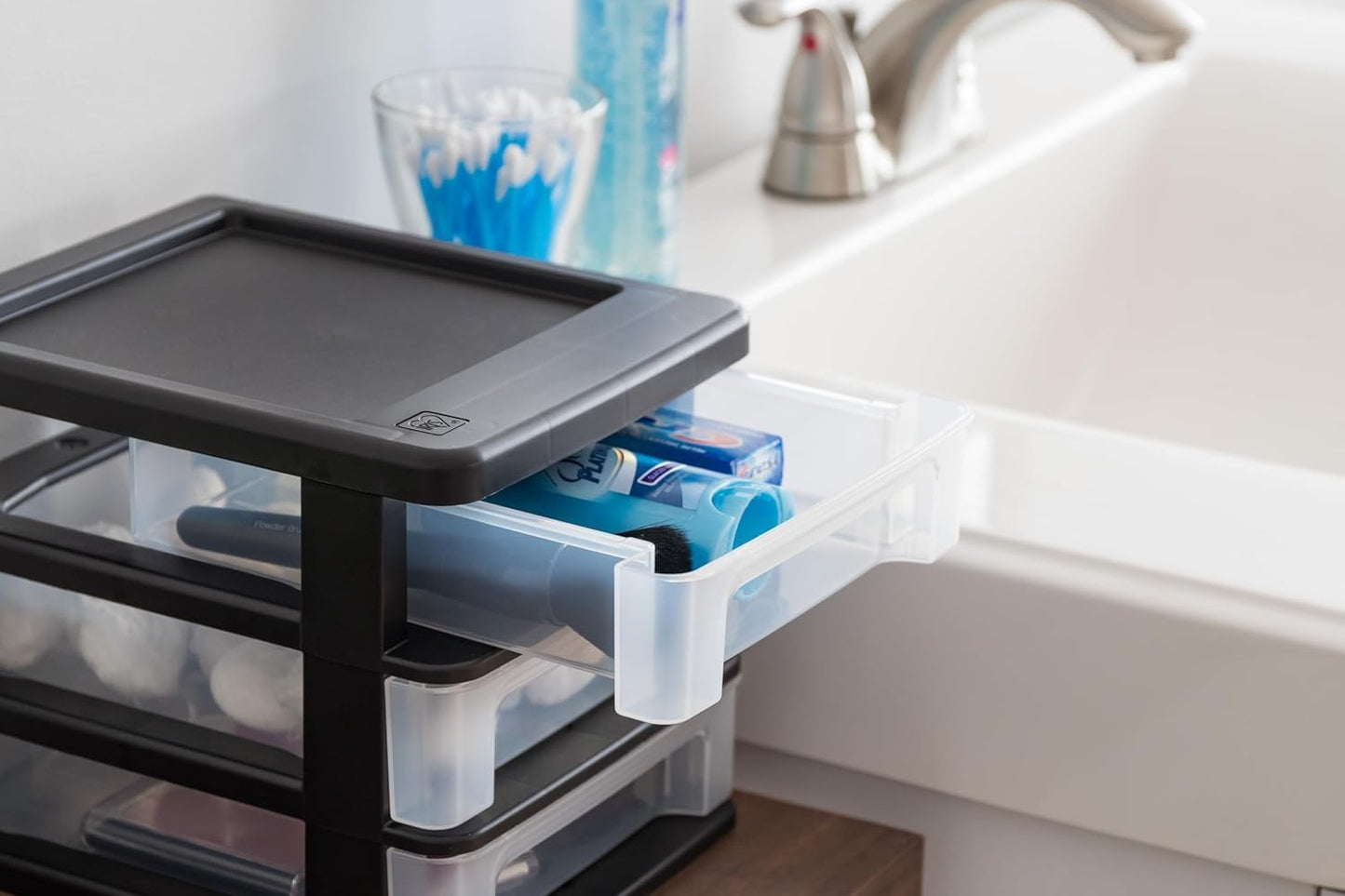 IRIS USA Plastic Stacking Desk Top 3-Drawer Storage Organizer, 2-Pack, for Makeup Vanity Nail Polish Bathroom Stationery Art Craft Supplies Kitchen Office Garage and Small Organization, Small, Black