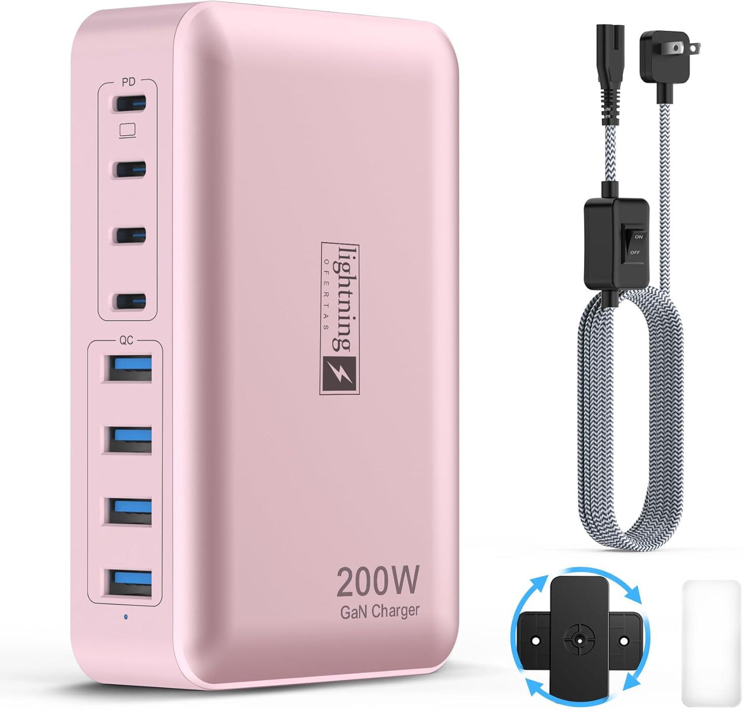8-Port USB C Fast Charger Block 200W with Flat Plug, Braided Power Cord, and On/Off Switch- USB Charging Hub for iPhone, iPad, MacBook and More- 65W C Port Power Adapter for Laptops