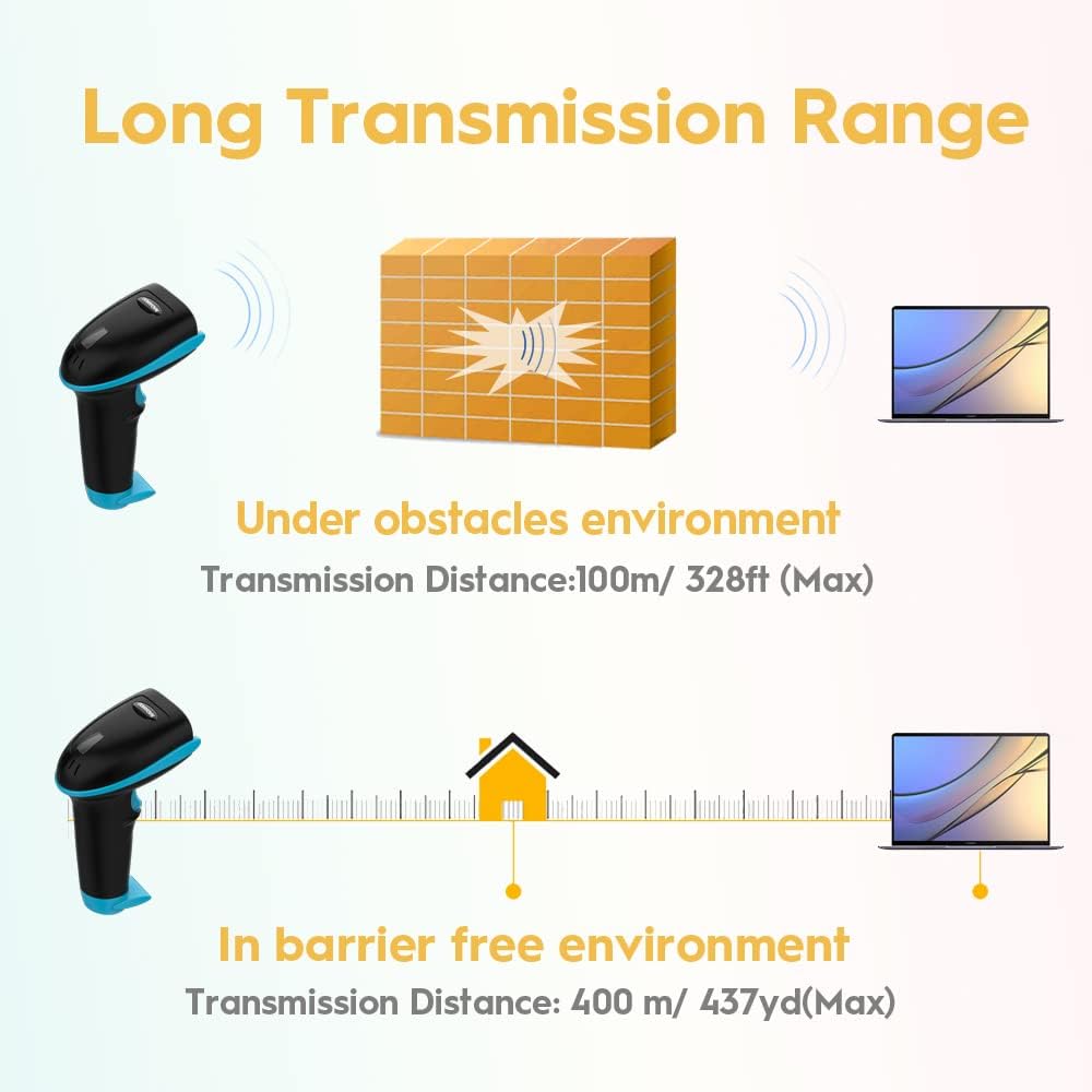 NADAMOO Wireless Barcode Scanner 328 Feet Transmission Distance USB Cordless 1D Laser Automatic Barcode Reader Handhold Bar Code Scanner with USB Receiver for Store, Supermarket, Warehouse - Blue
