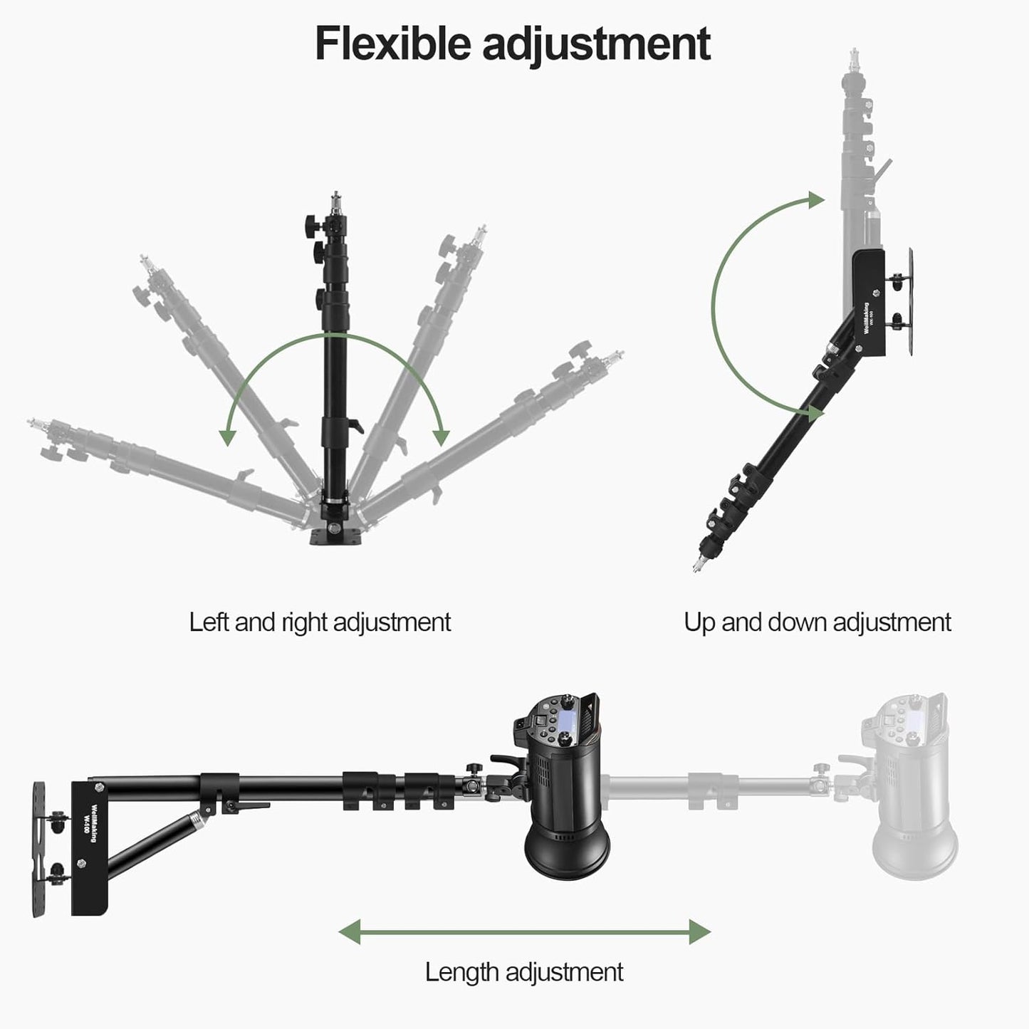 Wellmaking Wall Mount Triangle Boom Arm 39.37inch/100cm, Ring Light Mount Support 180°Flexible Rotation Comes with Tilt Swivel Mount for Studio Video Light, Monolight, Photography, Softbox, Reflector