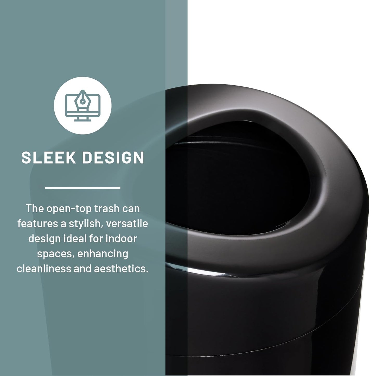 Safco Open Top Trash Can, 14 Gallon Stainless Steel, Modern Garbage Can for Indoor Use, Black