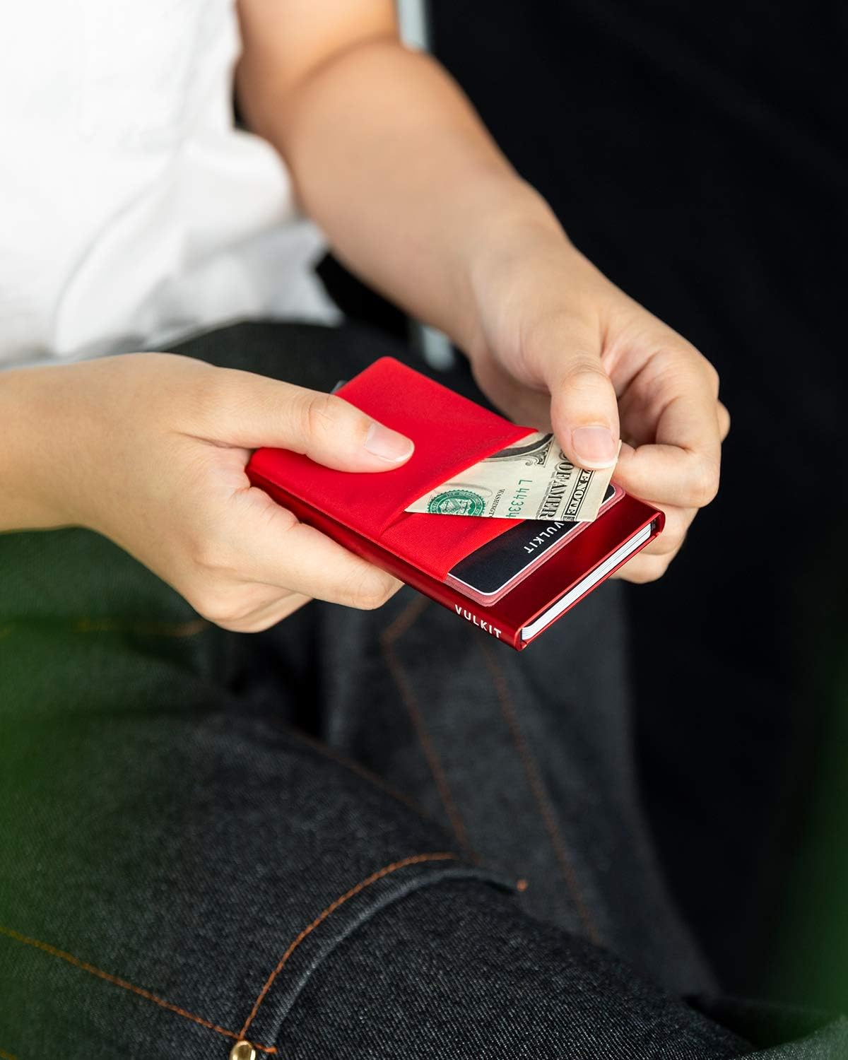 VULKIT Card Holder with Money Pocket Pop Up Wallet RFID Blocking Slim Metal Bank Card Case Holds 5 Cards and Notes