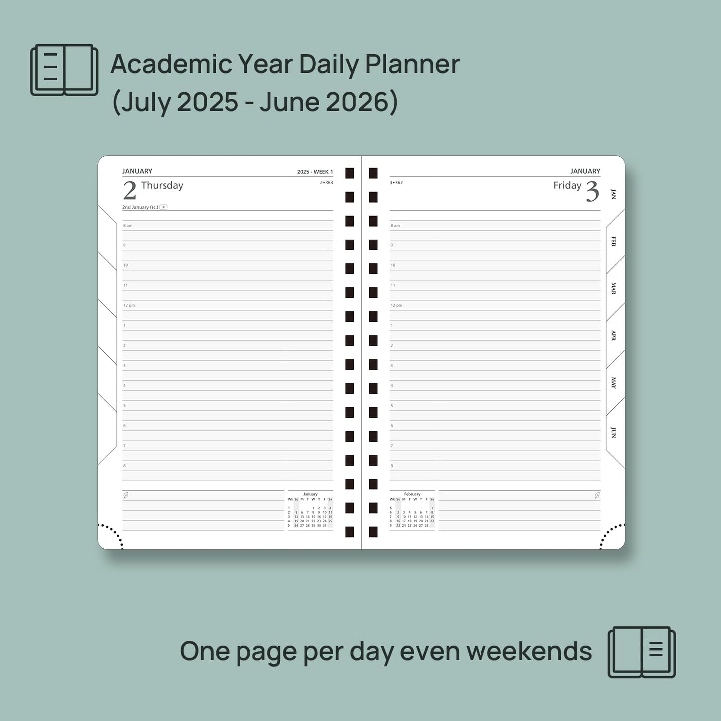 POPRUN Academic Daily Planner 2025-2026 One Page A Day - [5.75" x 8.5"- Spiral Hard Cover], Appointment Book (July 2025 - June 2026) with Monthly Calendar - Midnight Green