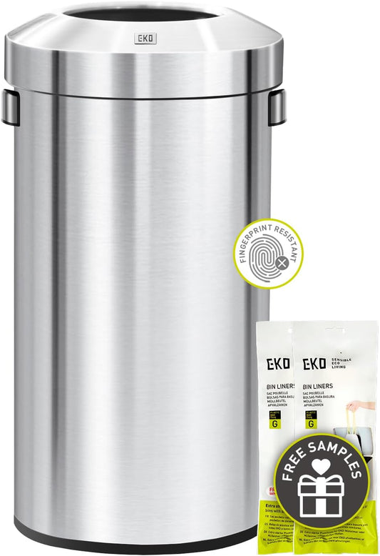 EKO Urban 24 Gallon Round Stainless Steel Open Top Waste Bin, Tall Commercial Trash Can for Indoor/Outdoor, Extra Large Metal Garbage Bin for Office, Restaurant, Restroom, 90L