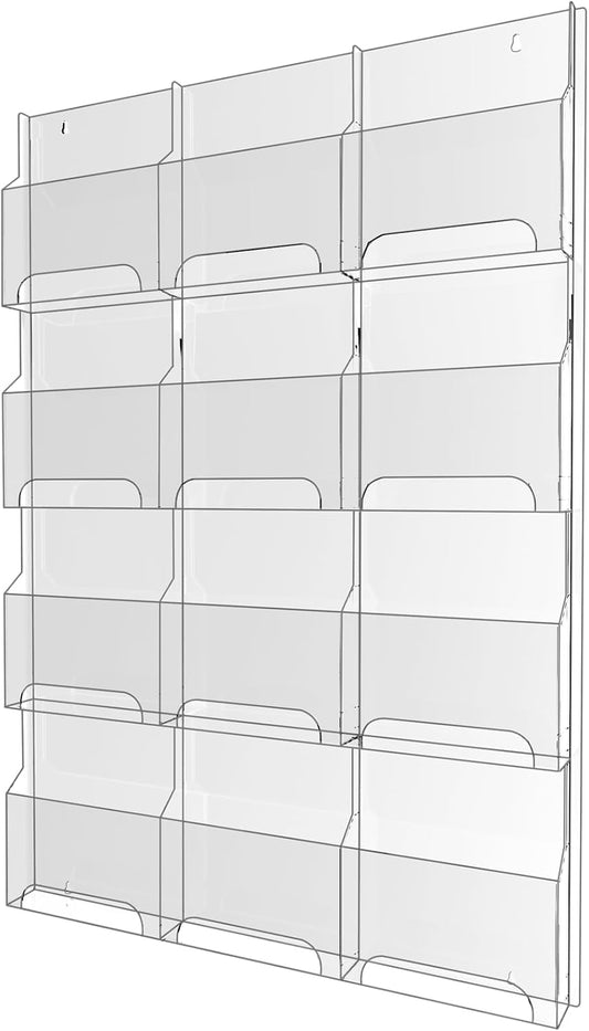 Acrylic Brochure Pamphlet Holder, 12 Magazine Holders, Clear Brochure Display Stand Wall Mount, Trifold Flyer Rack, Literature Storage Rack for Home, Offices, Waiting Room