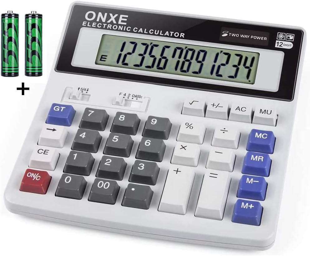 Calculators Desktop,ONXE 12 Digit Large Number LCD Display Office Desk Calculator, Two Way Power Battery and Solar,Big Button Standard Basic 4 Function Basics Calculators for Office Financial