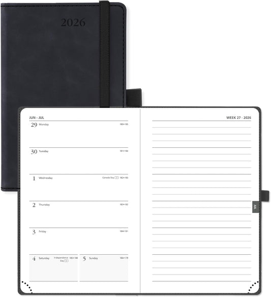 POPRUN Weekly Planner 2026 Pocket Size Calendar (4" x 6.25") 12 Months Notebook with Horizontal Layout, Leather Soft Cover, Inner Pocket, 100GSM Thick Paper, Pen Holder - Black