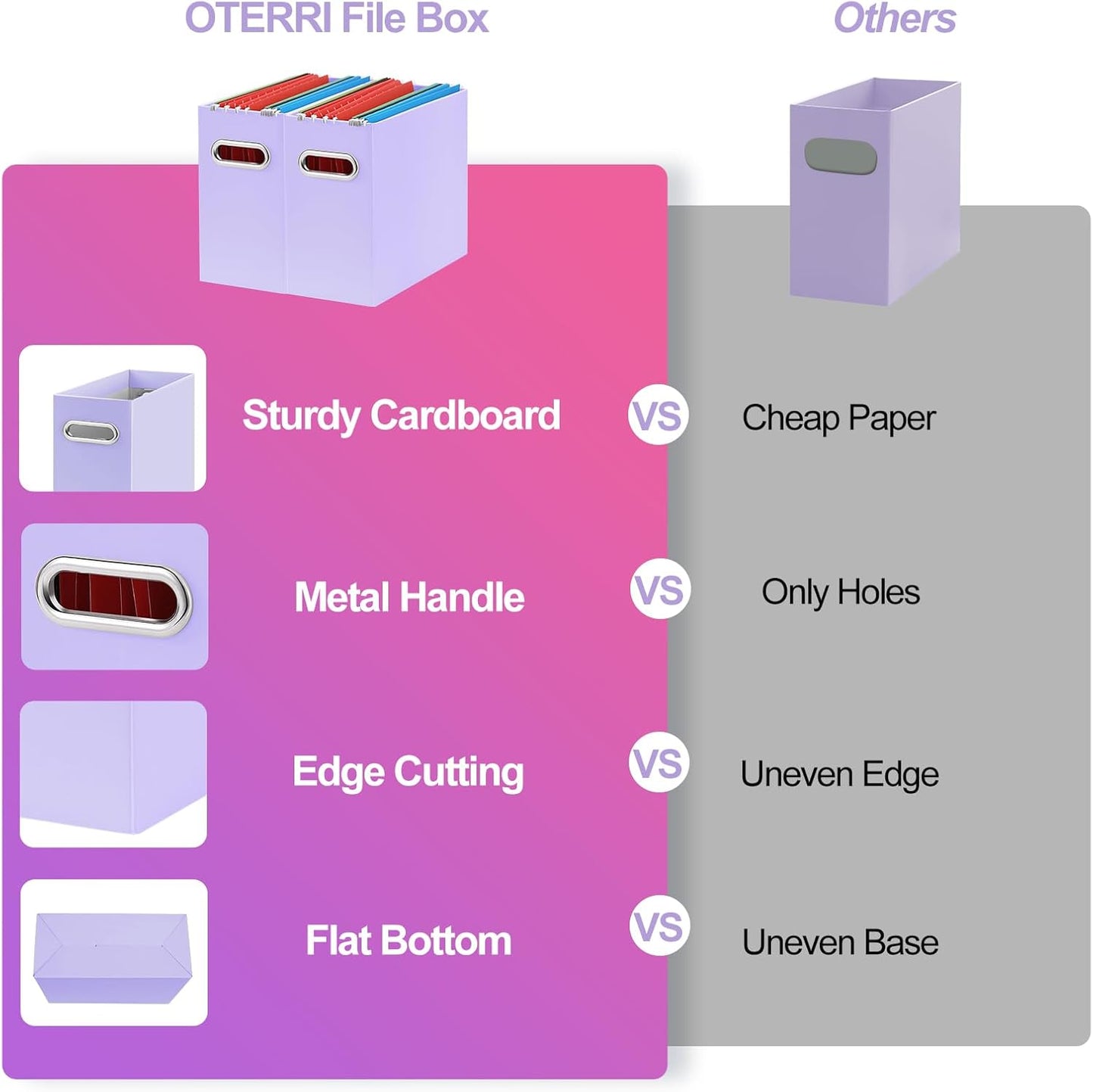 Oterri File Organizer, 2 Packs Small Storage Box, Cardboard File Folder Organizer, Collapsible File Box for Hanging File Folders Letter Size, Portable Filing Organizer with Handle (Purple)