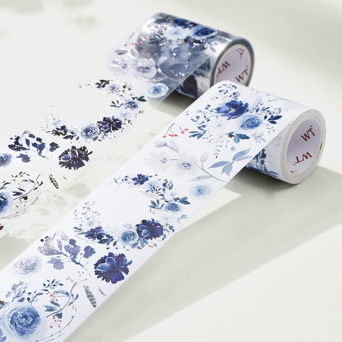 WT Winter Romance Wide PET Tape, 60mm Wide, Single Roll, Floral Decorative Paper Tape, Original Designs for Journaling, DIY Crafts, Planners, Scrapbooks, Card Decoration, Watercolor Blue Flowers