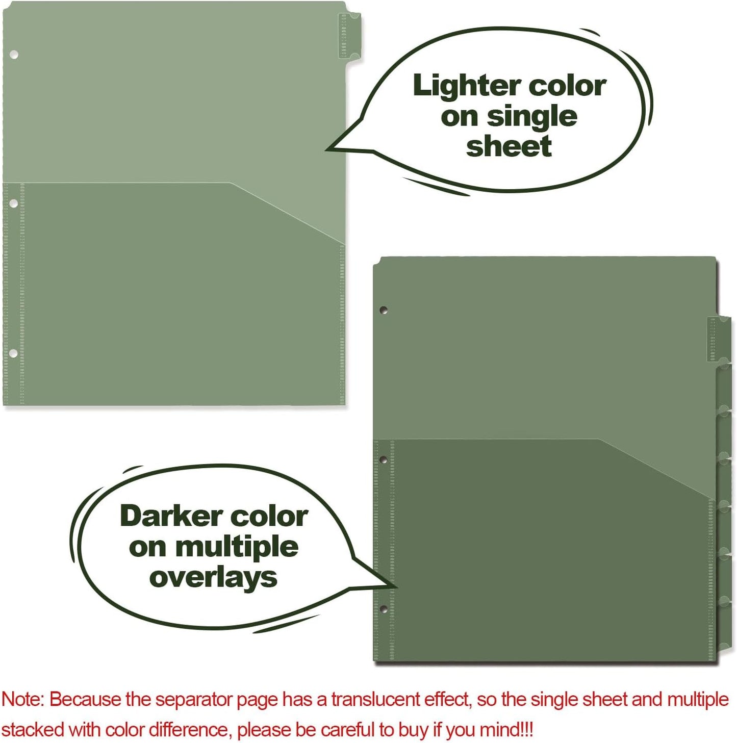 8 tab dividers for 3 Ring Binder with Pockets, Plastic Dividers with Front Pocket, 8-tab Index Dividers with 3 Holes Punched for School & Office Supplies (Green)