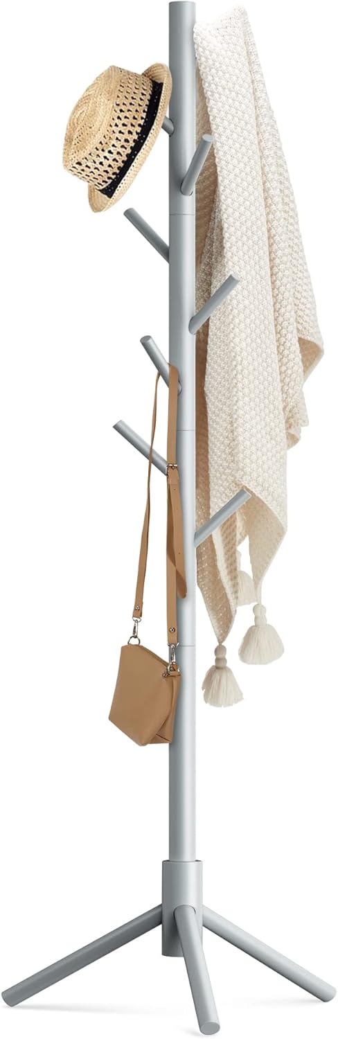 Haddockway Wooden Coat Rack Stand with 8 Hooks New Zealand Pine 3 Adjustable Coat Standing Tree Easy Assembly for Coats, Hats, Scarves and Handbags for Entryway, Hallway, Bedroom, Office