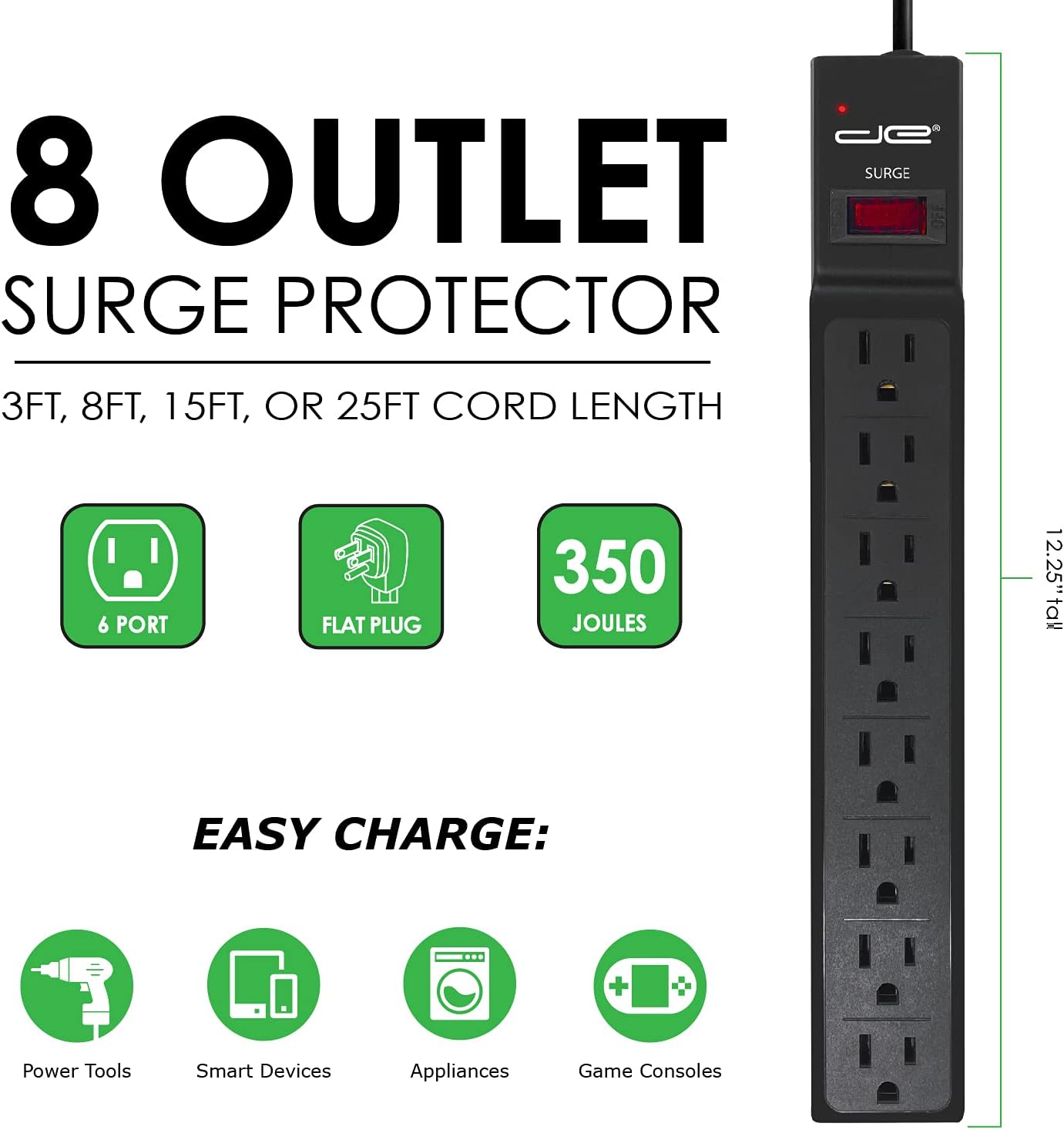 Digital Energy 8 Outlet Surge Protector Power Strip - 15 AMP, 1875 W, 125 V, 350 J Surge Protection, ETL Listed - Flat Plug, Black, 3 FT