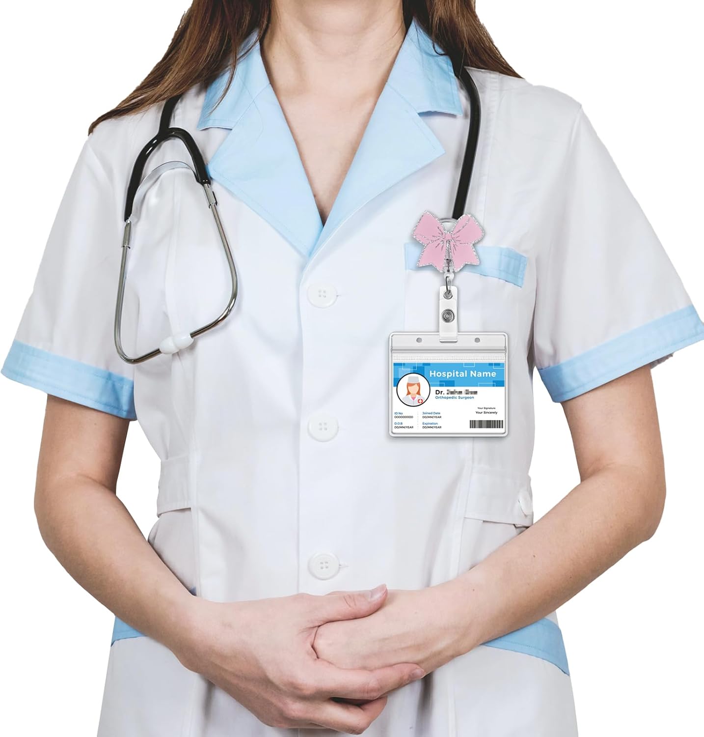 Cute Badge Reel, Pink Bow Badge Holder, Nurse Name Badge Reel with Retractable Clip, Medical Worker ID Card Holders, Pediatric Nursing Accessories for Nurse Doctor Student Teacher Office