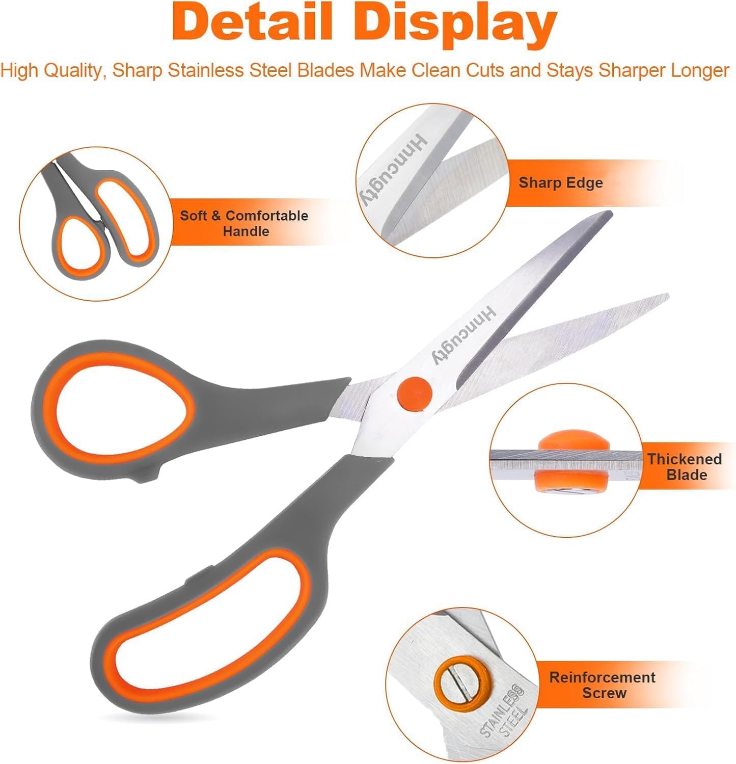 Scissors for Office School Supplies, Hnncugty 8" Scissors All Purpose Bulk Set of 6-Pack, Sharp Shears for Home Craft Sewing Fabric Middle School Student Teacher Supplies, Comfort Right/Left Handed