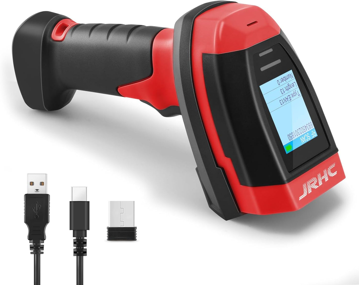 Barcode Scanner Wireless, 1D CCD Automatic Bar Code Scanner with Display Screen, Rechargeable Handhold Barcode Reader with 2.4G Receiver & USB Wired Plug and Play (Red)