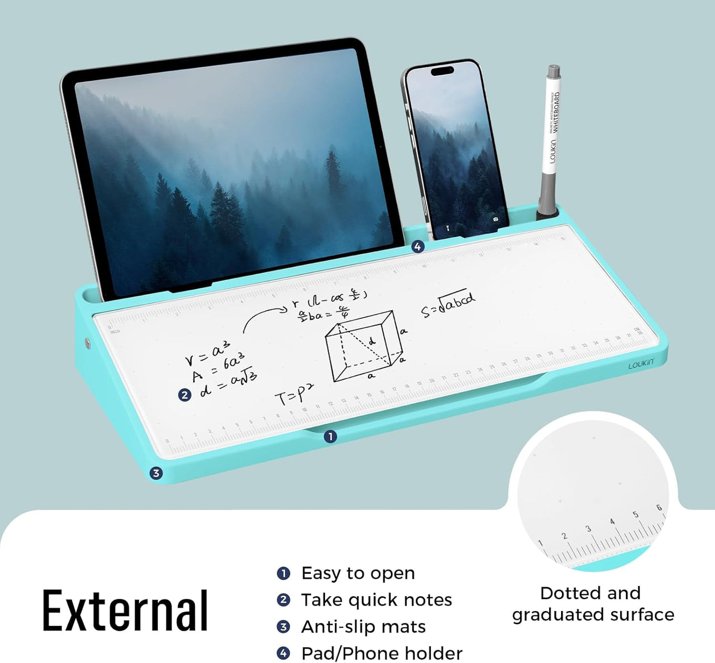 LOUKIN Glass Desktop Whiteboard, 15.3" x 5.6" Dry Erase Desk Board with Dotted and Graduated Surface, Desktop Buddy, Great for Design and Drawing, 3 Markers and 1 Dry Erase Eraser Included (Sky Blue)