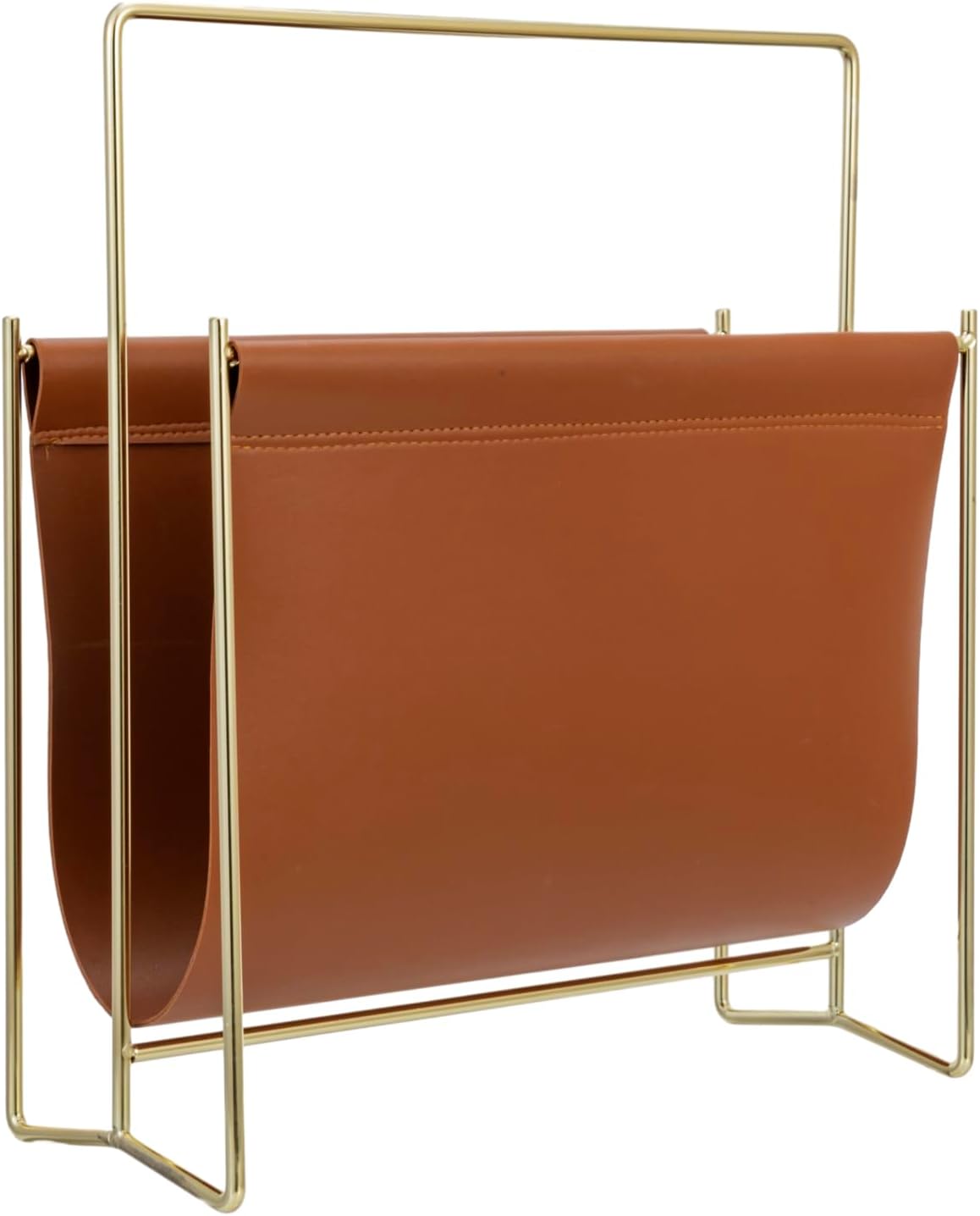 MyGift 13 inch Modern Caramel Leatherette Magazine Holder Floor Standing Sling Style Rack with Brass Tone Metal Frame