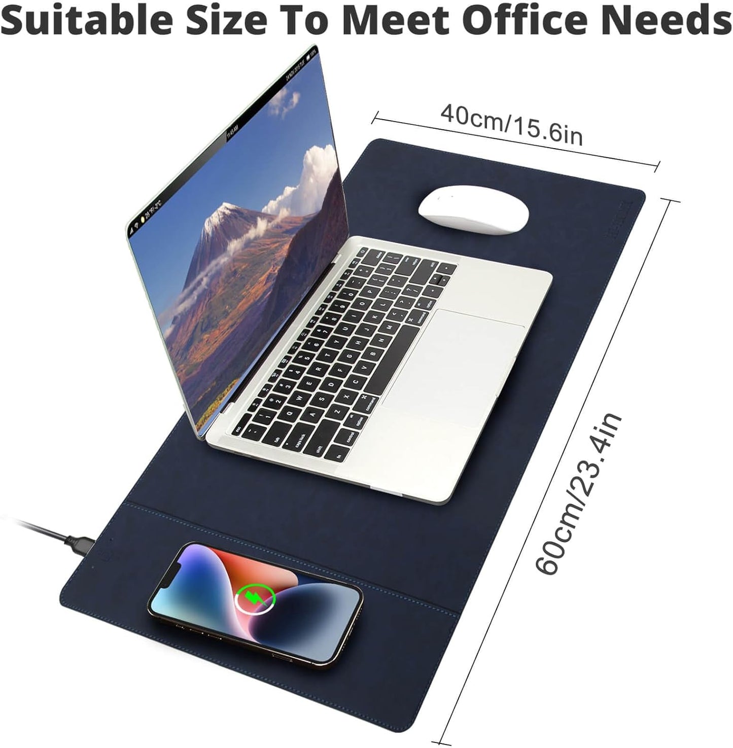 Magnetic Wireless Charging Desk Mat, 23.4''x15.6'' Large Office Mouse Pad, Microfiber Leather Mouse Mat with Ultra-Smooth Surface, Waterproof Computer Keyboard Desk Mat for Office & Home, Laptop, Blue