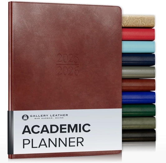 Gallery Leather Academic Planner 2025-2026, Teacher and Student Weekly Monthly Planner, Elegantly Bound Calendar with Gold-Gilded Page Edges, 18 Months - Acadia Tan - 9x7"