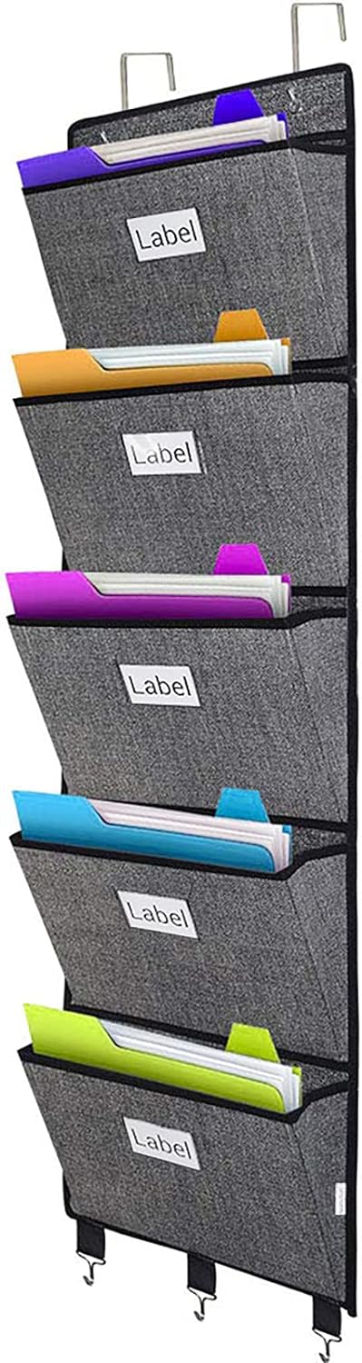 homyfort Over the Door File Organizer Hanging File Folders, Wall Organizers and Storage for Mail, Magazine, Notebooks, Planners, Office, Classroom, 5 Extra Large Pockets (Black with Pattern)