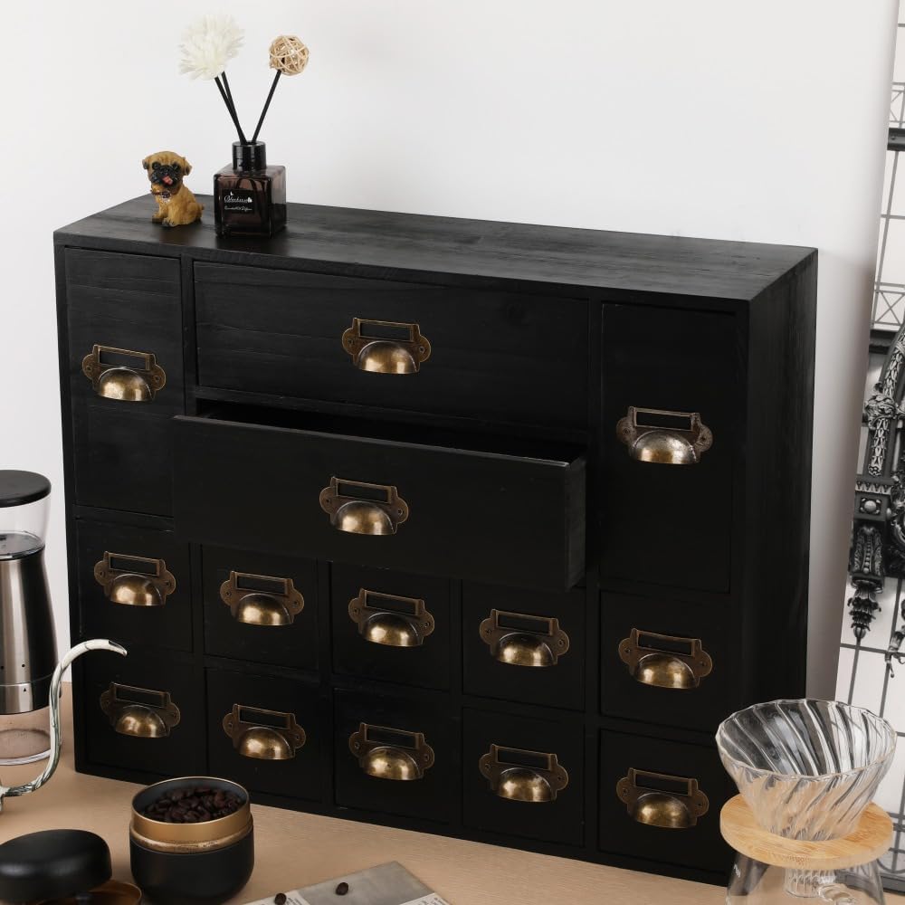 Apothecary Drawers Card Catalog Cabinet with 14 Drawers Wooden Card Catalog Wooden Storage Box for Desktop Organizer (Black)