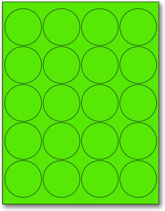NextDayLabels - 8-1/2 x 11 Neon Color High Light Fluorescent Labels for Laser & Inkjet Printer (Green Fluorescent, 2" Round - 20 Per Page | 500 Labels)