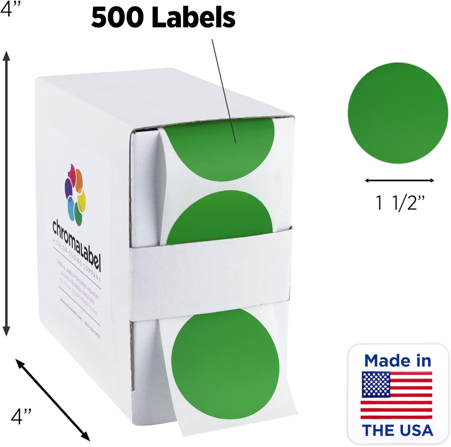 ChromaLabel 1.50 Inch Round Label Permanent Color Code Dot Stickers, 500 Labels per Dispenser Box, Green