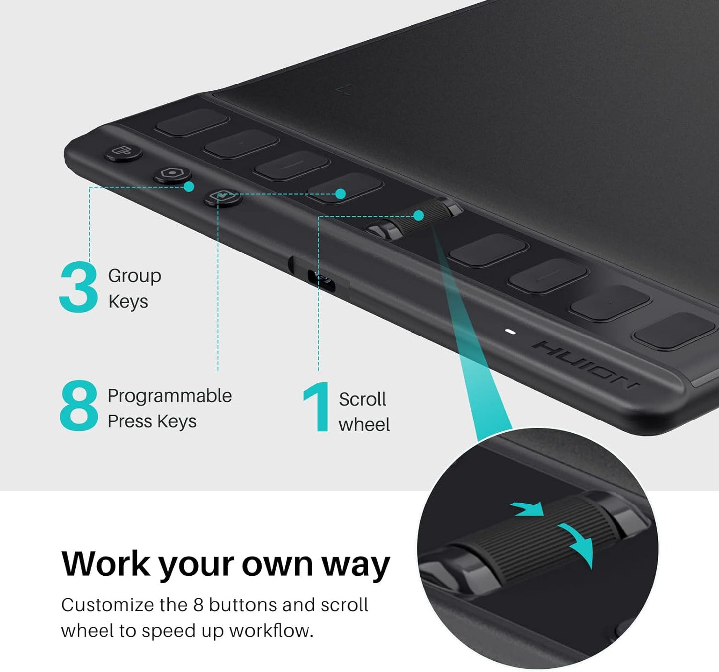 HUION Inspiroy 2 Medium Drawing Tablet with Scroll Wheel 8 Customized Keys Battery-Free Stylus 60° Tilt Support for Digital Art, Design, Sketch, 9x5inch Graphics Tablet, Black