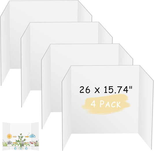 HAUTOCO 4 Pcs Medium Trifold Poster Board 26 x 15.74 inches Tri Fold Presentation Boards White Corrugated Project Boards for Science Fair, School Project, Event Displays, Business