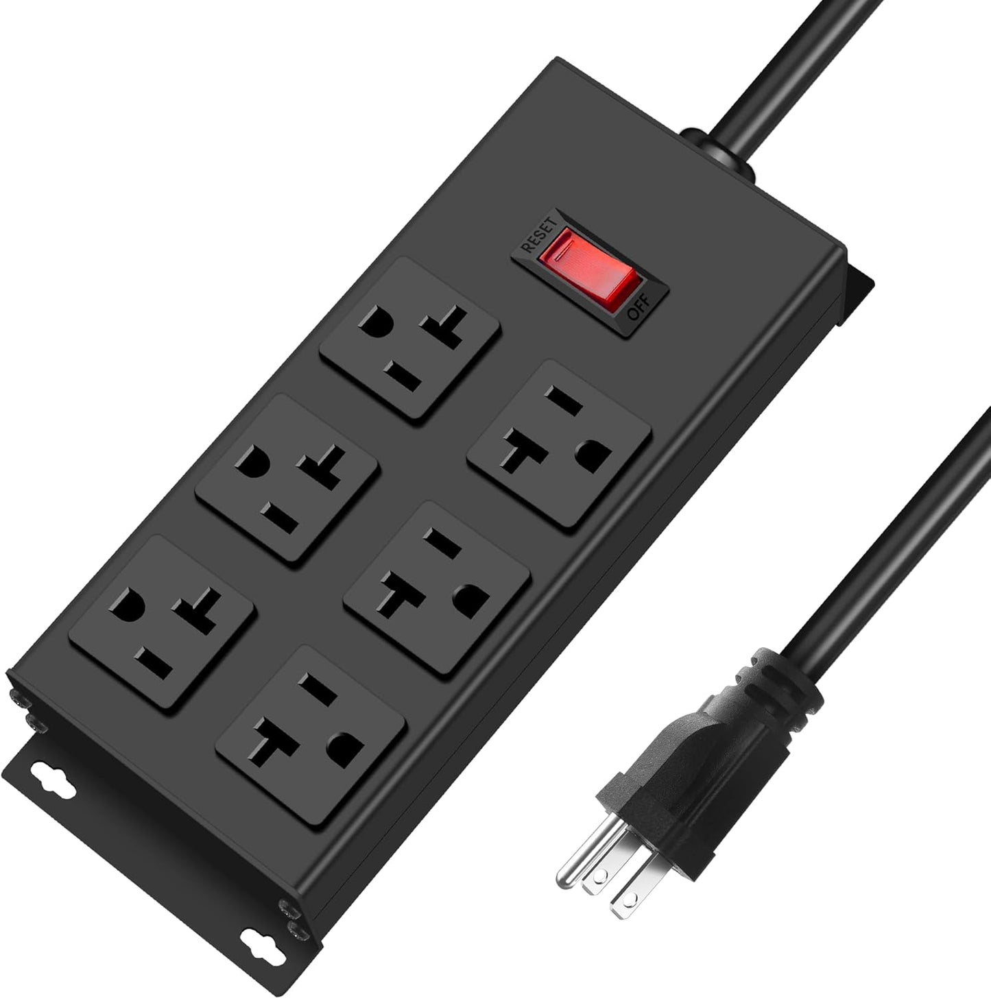 JUNNUJ Heavy Duty 20 Amp Power Strip, Garage 6 Outlets Metal 12 Gauge Surge Protector 3000J, High Amp 5-15P Adapter Shop 6-20R T-Slot Industrial (6AC, 4FT)