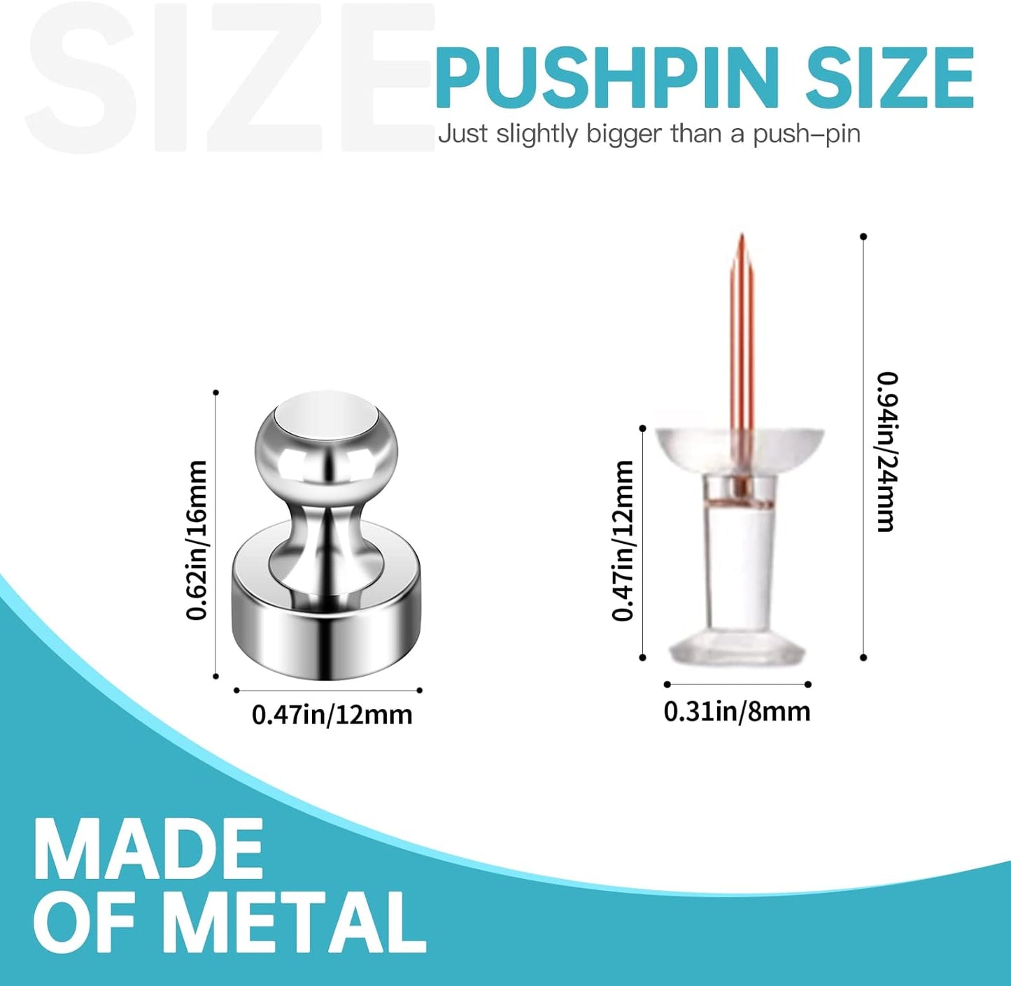 Pack of 24 Silver Magnetic Push Pins for Fridge, Whiteboard, Map, Office, DIY - Refrigerator Magnets for Locker