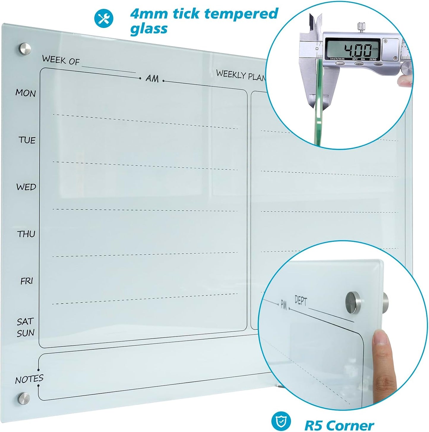 Magnetic Planner Writeboard 24"X36" Weekly Glass Calendar Ultra White Glassboard Premium Tempered Dry Erase Boards Frameless Wall Mounted (Ultra White)