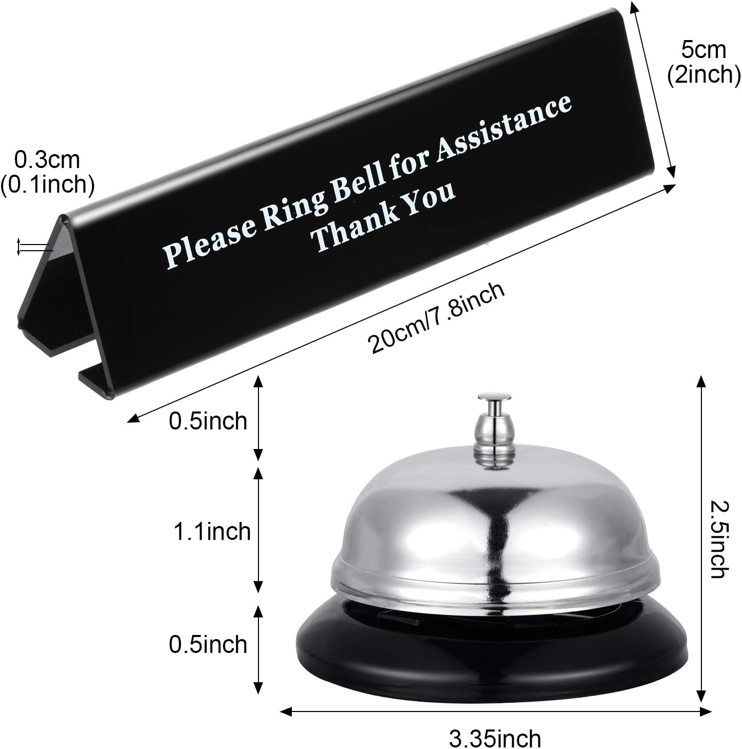 Boao Desk Service Dinner Bell Metal Silver Call Bell and Double Side No Receptionist Sign Please Ring Sign for Service Assistance for Hotel School Restaurant Reception Area(Sliver Bell)